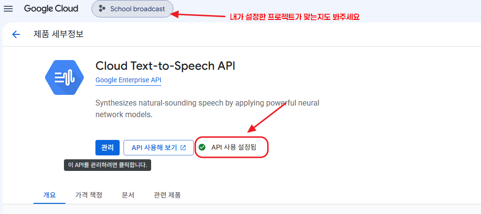 Text-to-Speech API 사용 버튼 클릭하여 활성화하기