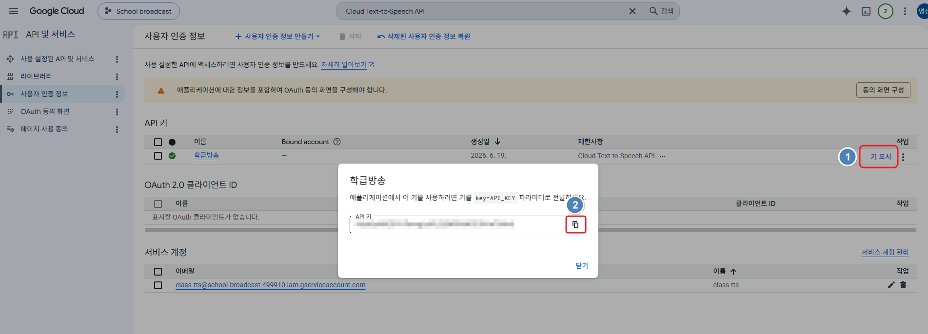 발급된 API 키 확인 및 복사 버튼 클릭