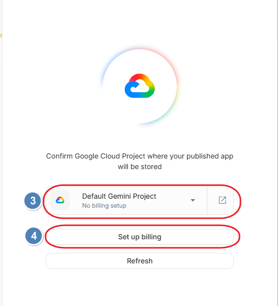 기본 Default Gemini Project 선택 및 Set up billing 버튼 누르기